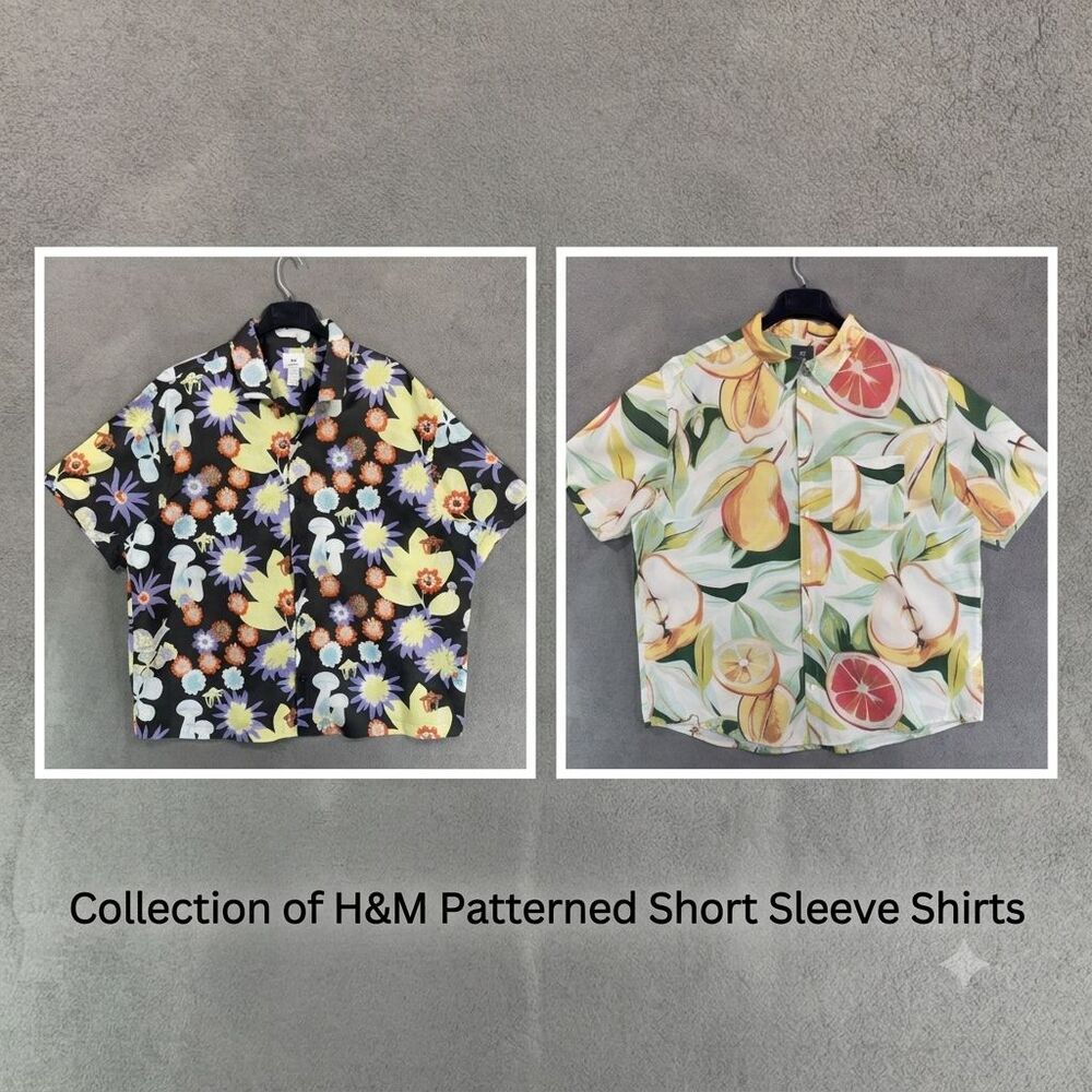 H&M Button Up Shirt Lot of 2 XXL Fruit Floral Mushroom Cotton Short Sleeve Top
